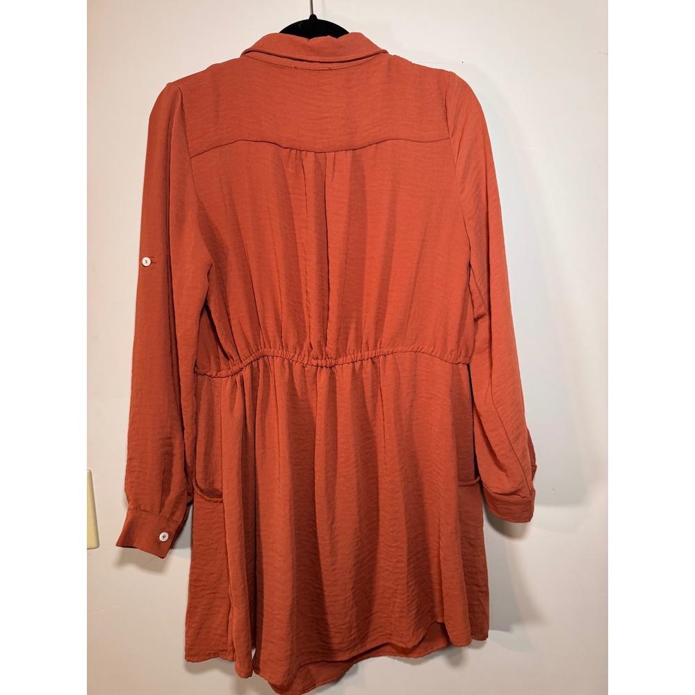 Blushing Heart Rust Orange Roll Tab Sleeve Drawstring Waist Shirt Dress Medium - Picture 2 of 5
